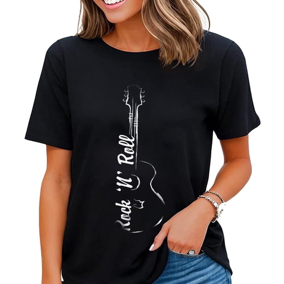 Women's Retro Rock 'N' Roll Guitar Graphic T-Shirt Casual Short Sleeve Music Lover Tee Top Black