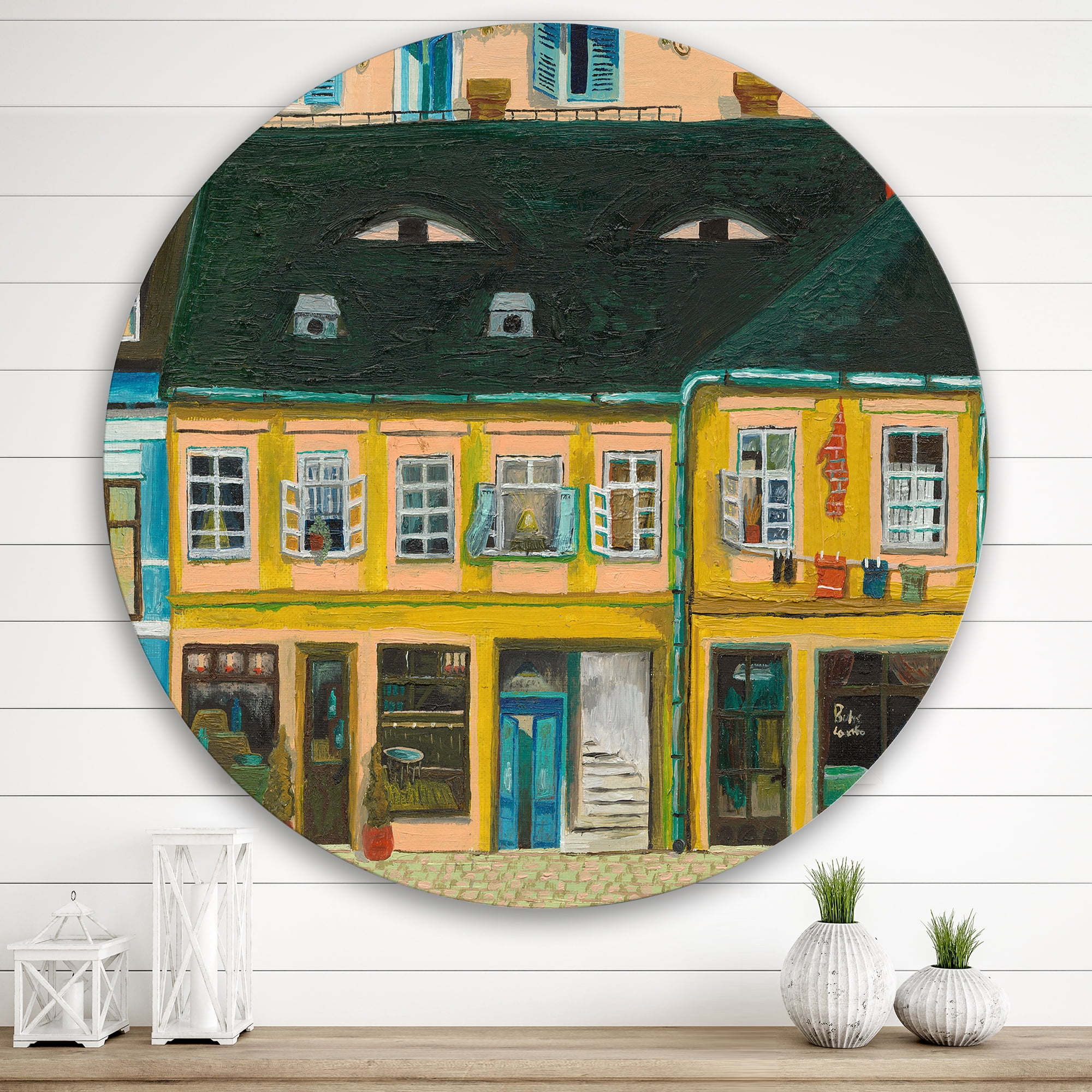 Designart 'Abstract Yellow Facade of Houses In Street In Paris' French Country Circle Metal Wall Art 29x29 - Disc of 29