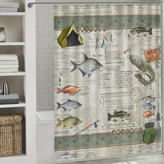 1PC Shower Curtain 66*72in Retro Farmhouse Fishing Shower Curtains, Rustic Cabin Fish Country Vintage Decor Bath Drapes Set with Hooks, Waterproof Fabric Windows Treatment for Bathroom