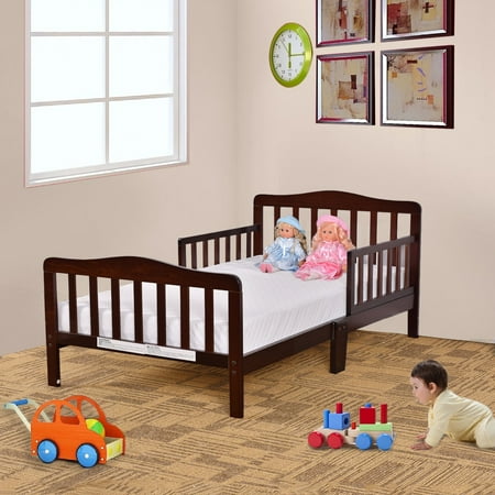 Brown Kids Bedroom Furniture - Baby Toddler Bed Kids Wood Bedroom Furniture w/ Safety Rails Brown