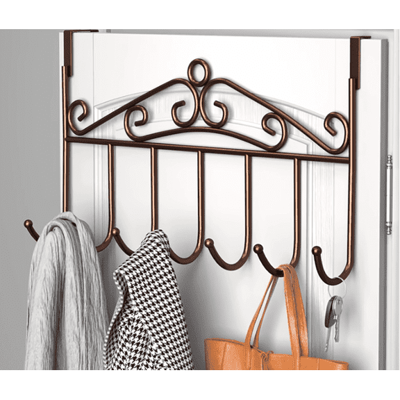 Over The Door Hooks, Bronze Over Door Coat Rack, Over The Door Hanger for Hanging with 7 Coat Hooks for Hanging Clothes Coats Towels, Fits 1-3/4" Thick Door