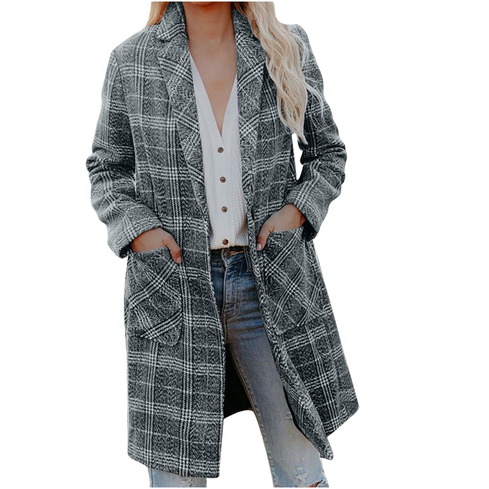 Longue Veste à Carreaux pour Femmes Mode Dames Tempérament Longues Poches  Boutons Manteau en Laine à Carreaux Manteau Long pour Femmes