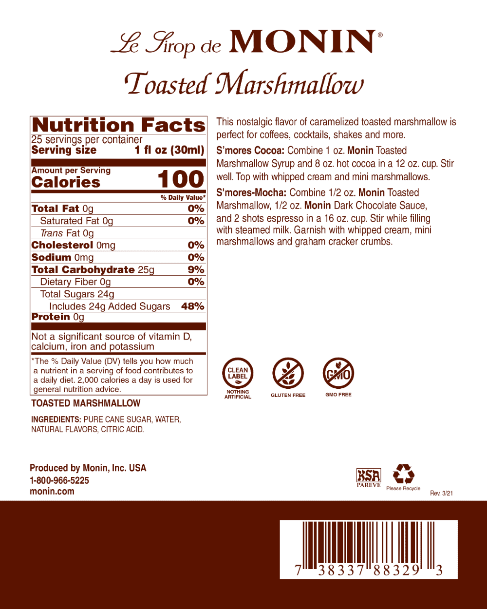 Monin - Toasted Marshmallow Syrup, Flavor of Campfire Treats, Natural Flavors, Great for Mochas, Shakes, Cocoas and Cocktails, Non-GMO, Gluten-Free (750 ml, 25.4 fl.oz)