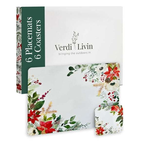 Cork Placemats Set of 6 and Matching Coasters (12 Pieces) - Heat Resistant, Hard Backed, 16" x 12" - Perfect for Kitchen and Dining Table (Leaf & Flower)