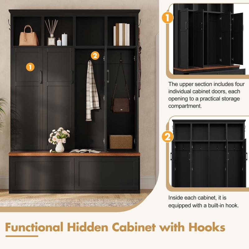 Modern Farmhouse Hall Tree with Bench and Storage Cabinets, Entryway Coat Rack with 6 Hooks, 4 Hidden Cabinets, Drawers and Open Shelves, Mudroom Organizer for Hallway, Living Room