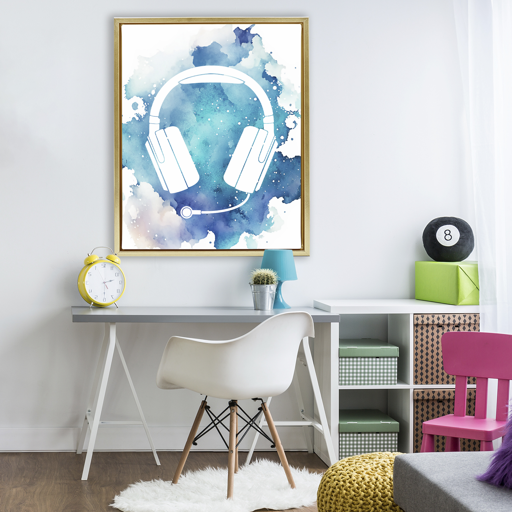 Blue Headphone Splatter Gold Framed Floater Canvas Wall Art, design by Marcus Prime