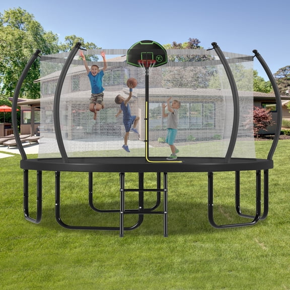 14FT Trampoline with Basketball Hoop, Round Outdoor Trampoline with Enclosure Net & Curved Poles & Ladder