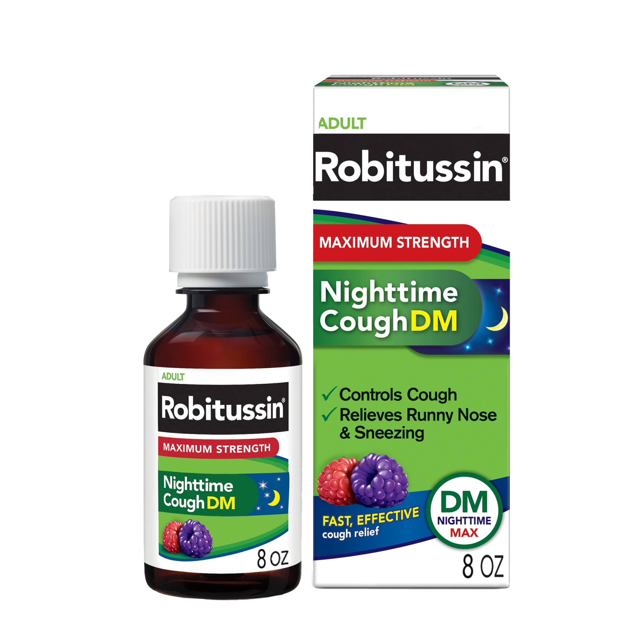 Robitussin Maximum Strength Nighttime Cough DM Max, Adult Formula, Berry Flavor Syrup 8 fl oz Bottle
