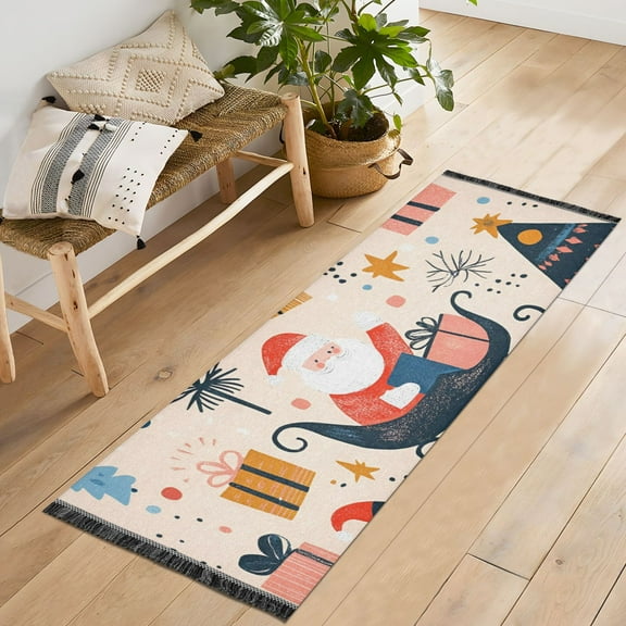 Yayeee Runner Rug for Bedroom 2'x6' Machine Washable Hallway Non Slip Mat, Beige Christmas Santa