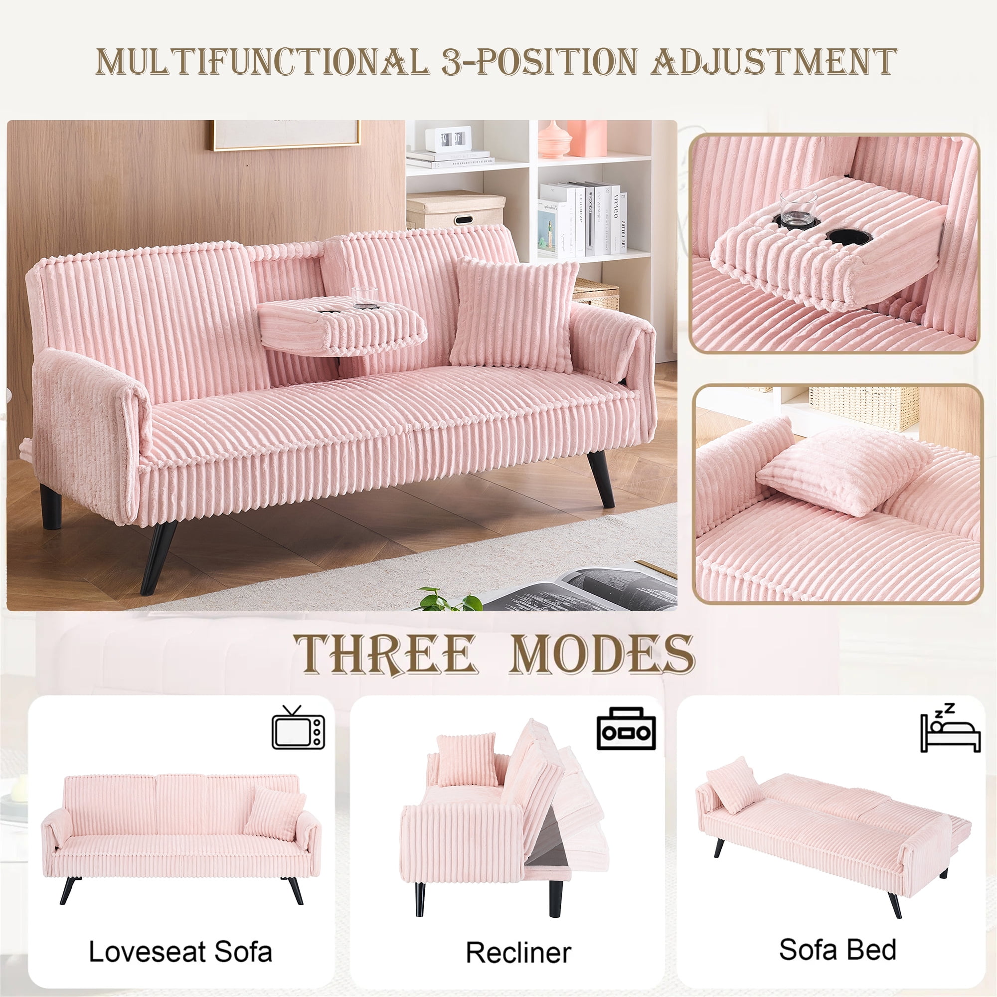 Aukfa Corduroy Futon Convertible Sofa Bed, 2 Cup Holders& Pillow, Straight-line Tufted, Pink