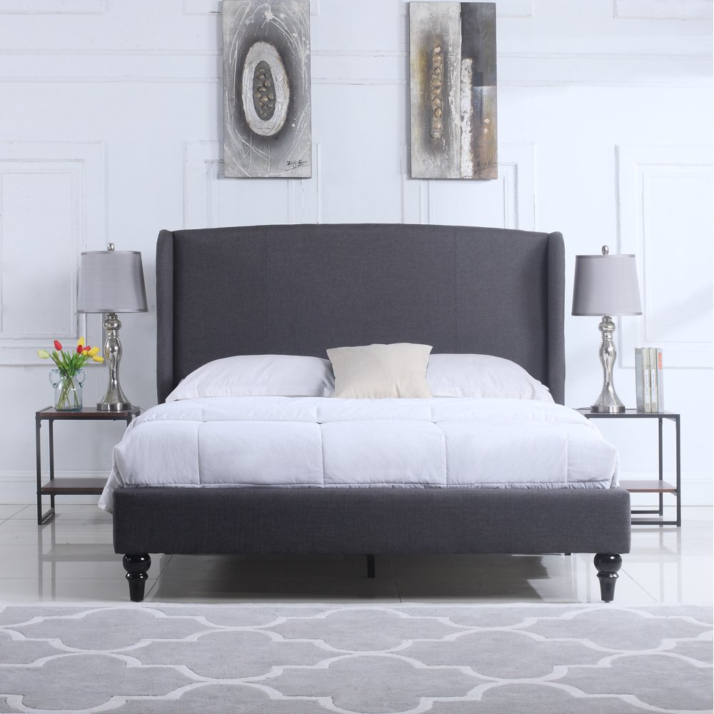 Classic Grey Linen Platform Bed Frame with Upholstered Shelter