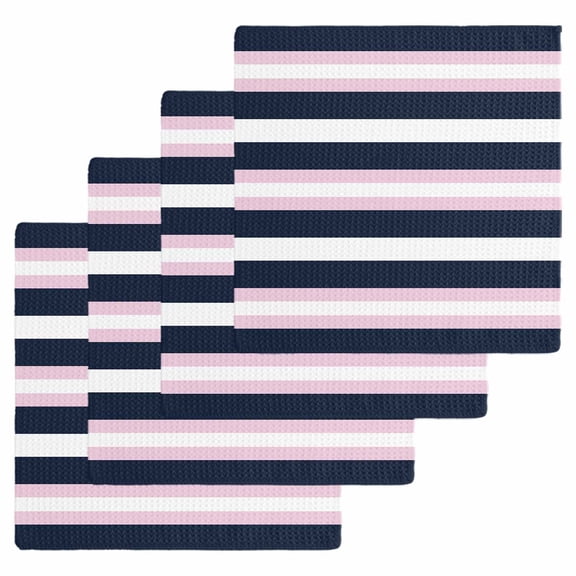 Pink Navy Blue Striped Kitchen Dish Towels for Drying Dishes Set of 4, Minimalist Abstract Lines Artwork Waffle Weave Microfiber Hand Tea Bathroom Towels Quick Dry & Absorbent Towel 12x12
