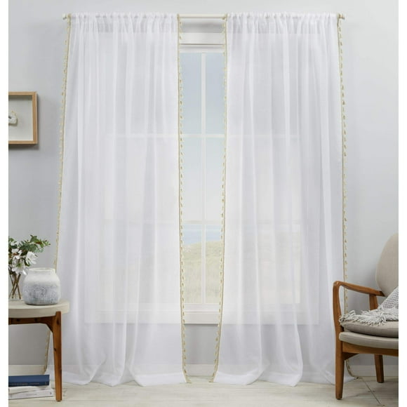 EXCLUSIVE HOME Tassels Embellished Sheer Rod Pocket Curtain Panel Pair, 54"x84", Linen