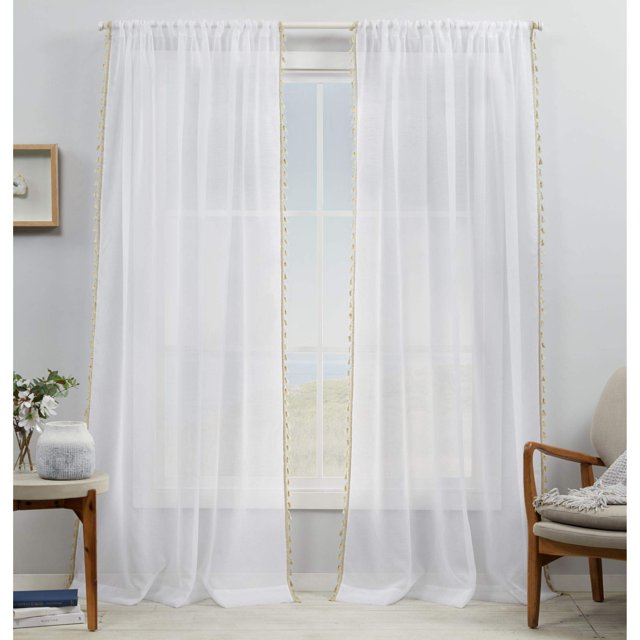 EXCLUSIVE HOME Panneau de Rideau à Poche pour Tringle Transparent avec Pompons, 54"x84 Pouces, Lin
