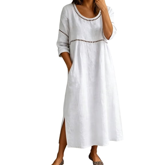 Bysome Women Dresses Solid Color 3/4 Sleeve Crew Neck Slit Dress Summer Breathable Women Dress Size L White