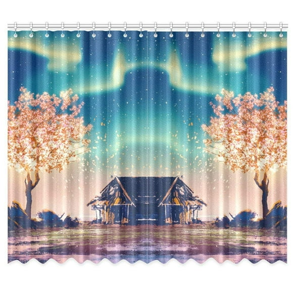 RYLABLUE House And Tree Under Northern Lights Window Curtain Window Treatments Kitchen Curtains 26x39 inches, 2 Pieces