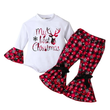 

TAIAOJING Toddler Girl Fall Winter Outfits Girls Christmas Long Sleeve Deer Letter Prints Xmas Romper Bodysuit Plaid Bell Bottoms Flare Pants Outfits Fall Winter Clothes 9-12 Months