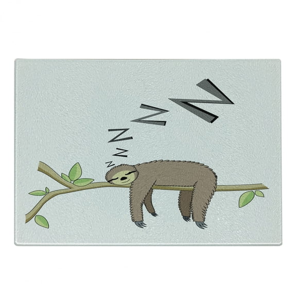 Sloth Cutting Board, Arboreal Mammal Sleeping on Branch in Forest Lazy Mood Resting Relaxing Theme, Decorative Tempered Glass Cutting and Serving Board, Small Size, Grey Green Brown, by Ambesonne
