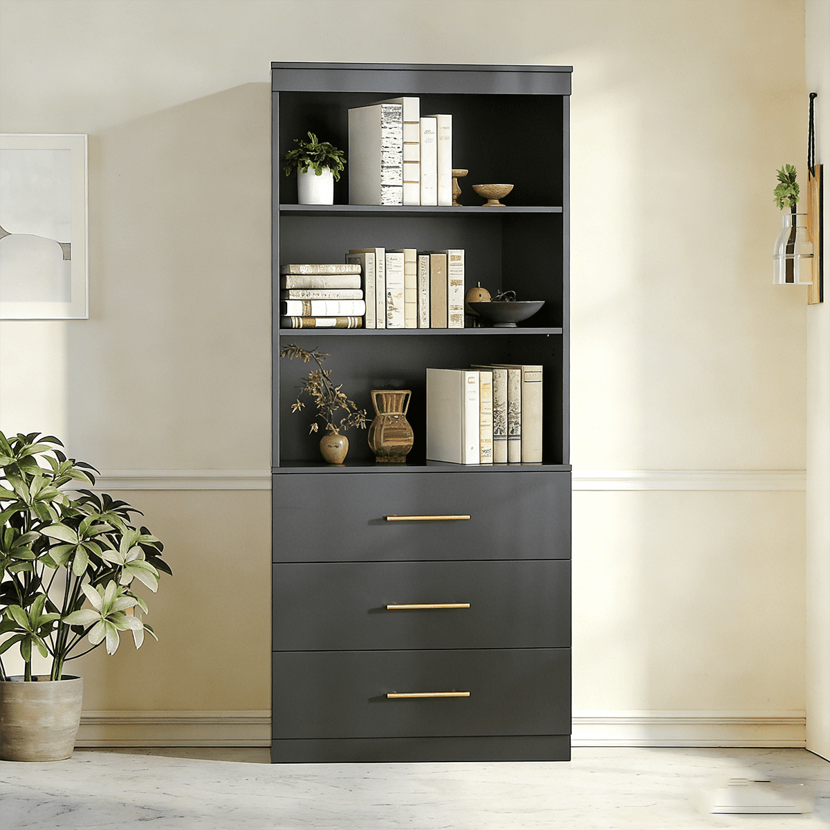Frmobepts 71" Tall Bookcases with 3 Large Drawers & 3 Shelves, Wooden Bookshelf for Living Room Office, Black