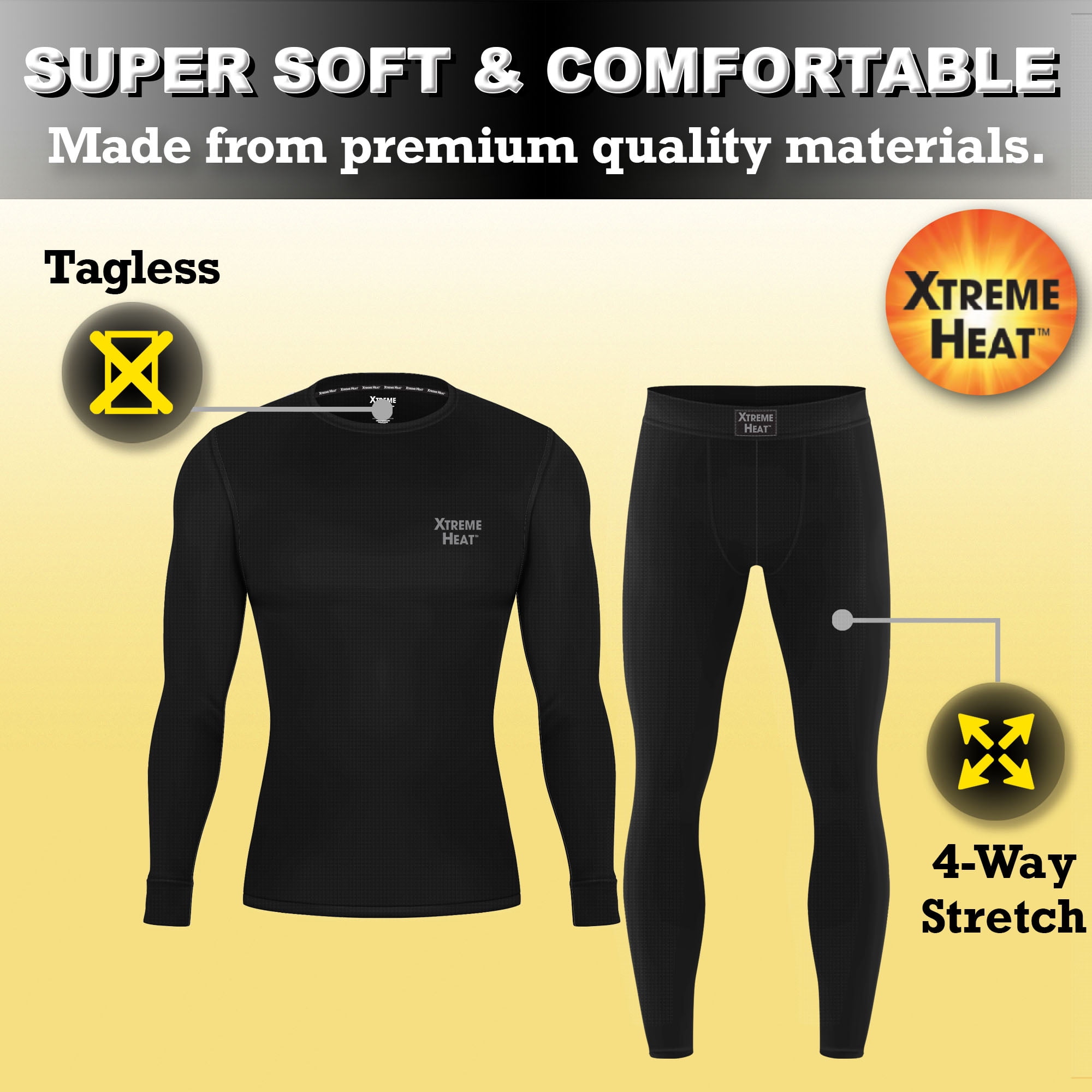 Xtreme Heat Mens Thermal Underwear Set Insulated Shirt & Long Johns, Black  Medium