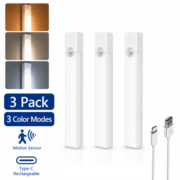 DAYBETTER 3 Pack Under Cabinet Lighting,7.87in Motion Sensor USB Rechargeable Closet Lamp, 2 Working Modes & 3 Color Temperatures, Indoor Lighting for Kitchen Cabinets Garage