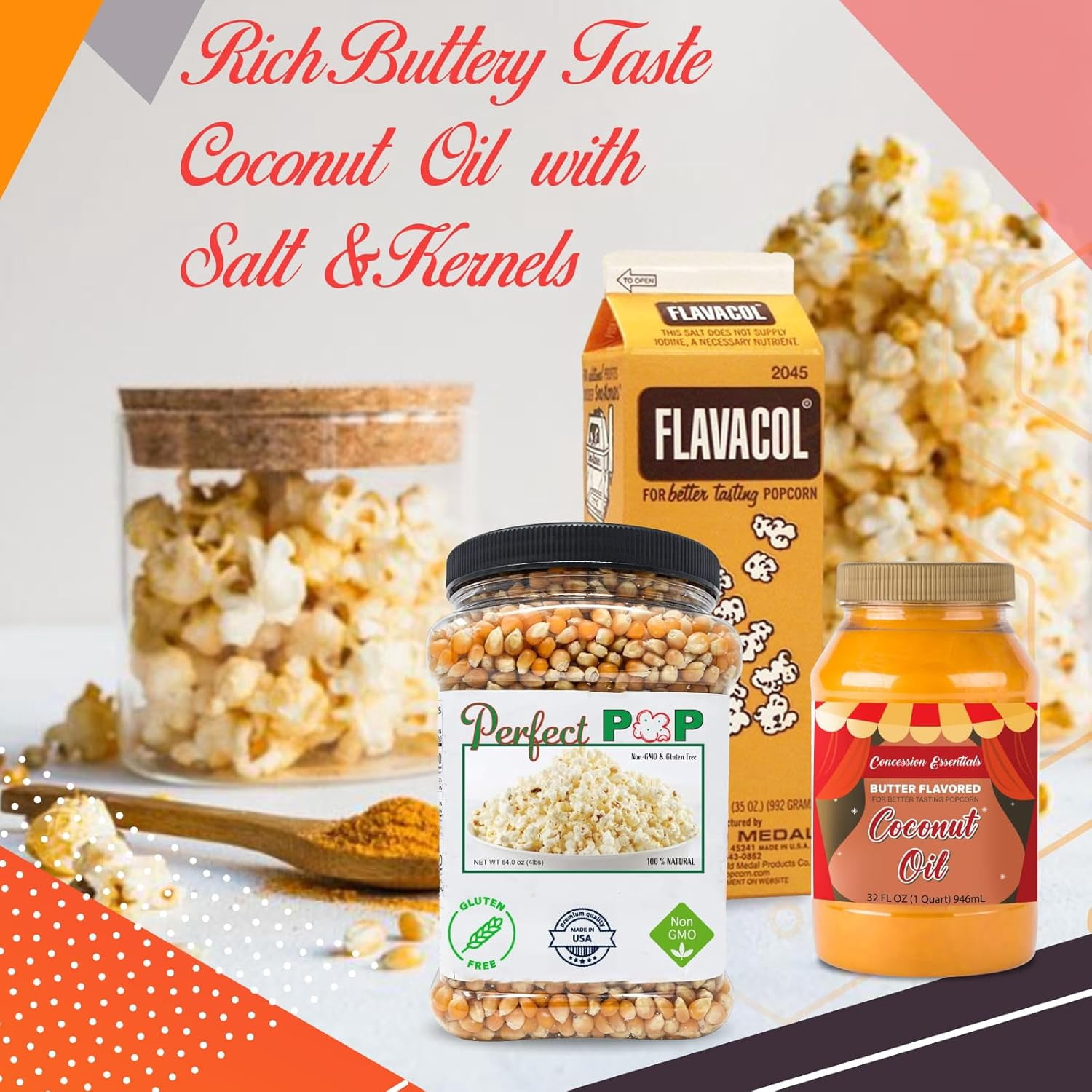 Perfectware- Popcorn Kit (Includes 35oz Season Salt, 4lbs Yellow Kernels, and 32oz Butter Flavored Coconut Oil