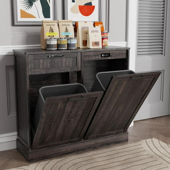 Double Tilt Out Trash Cabinet, Kitchen Island with Trash Storage, Trashcan Cabinet for Kitchens, Wood Cabinet with Trash Can Pull Out, Dog Proof Trash Can (Dusty Brown-Double, Single/Double)