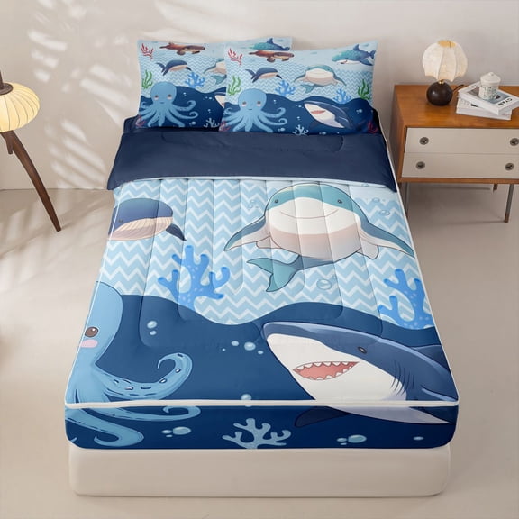 Homewish Marine Shark Zipper Twin Comforter Sets with Fitted Sheet and 2 Pillowcases for Kids, Blue Octopus Coral Zipper Bedding Set, Navy Reversible, 4 Pieces
