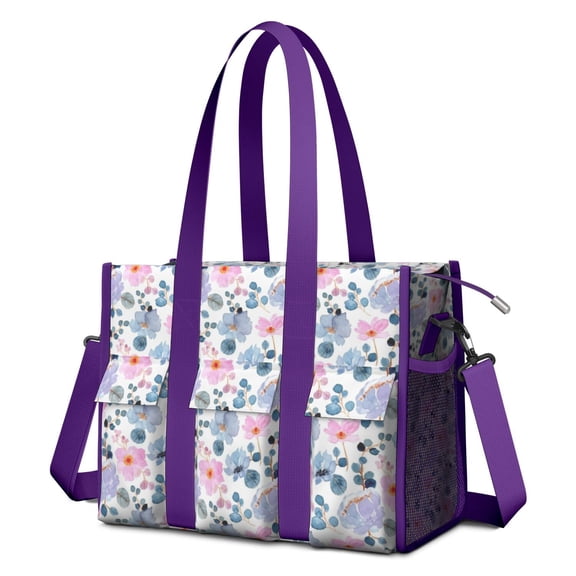 Teacher Tote Bag,Pioneer Flower Floral Print Pattern Teacher Utility Tote Bag,Large Work Tote Bags for Women with Multiple Pockets,Top Zipper Closure,13.8x10.6x6.7 Inch