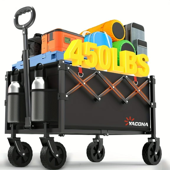 450LBS Wagons Carts Foldable Heavy Duty, Outdoor Large Capacity Wagon Cart with Wheels for Beach, Garden, Grocery, Camping, Shopping, Black