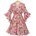 thumbnail image 2 of Sakmal Dresses for Women Trendy Pink Floral A-Line Dresses Short Flowy Bell Sleeve Chiffon 3/4 Sleeve V-Neck Ladies for Women Trendy, 2 of 7
