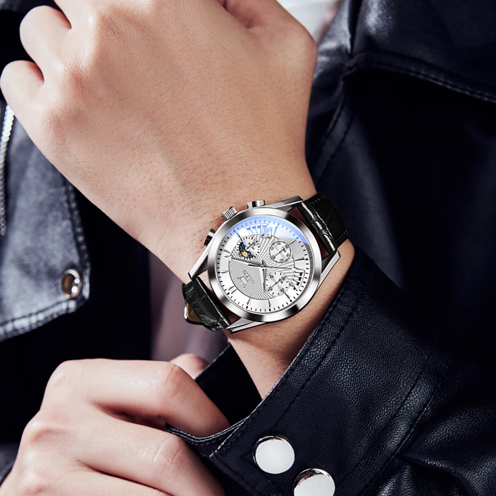 OLEVS Watches for Men Chronograph Black Leather Gold Plated Case Analog Quartz Fashion Business Dress Large Face Mens Watches Luminous Waterproof Casual Male Wrist Watch Reloj para Hombre