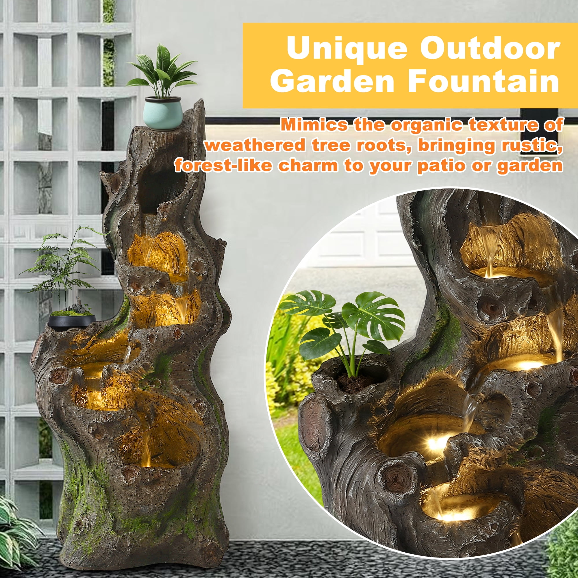 Magic Union 40" Outdoor Water Fountain, 6 Tiers Cascading Realistic Tree Trunk Waterfall Fountain with LED Lights, Freestanding Fountain Resin Imitation Wood for Garden Patio Balcony Yard