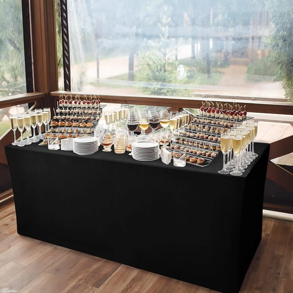 Black Fitted Table Covers for 8 Foot Tables - 96 x 30 Inch - 4 Pack Stretch Spandex Rectangle Table Clothes, Fabric Tablecloths for Folding Table, Parties, Trade Show, Birthday