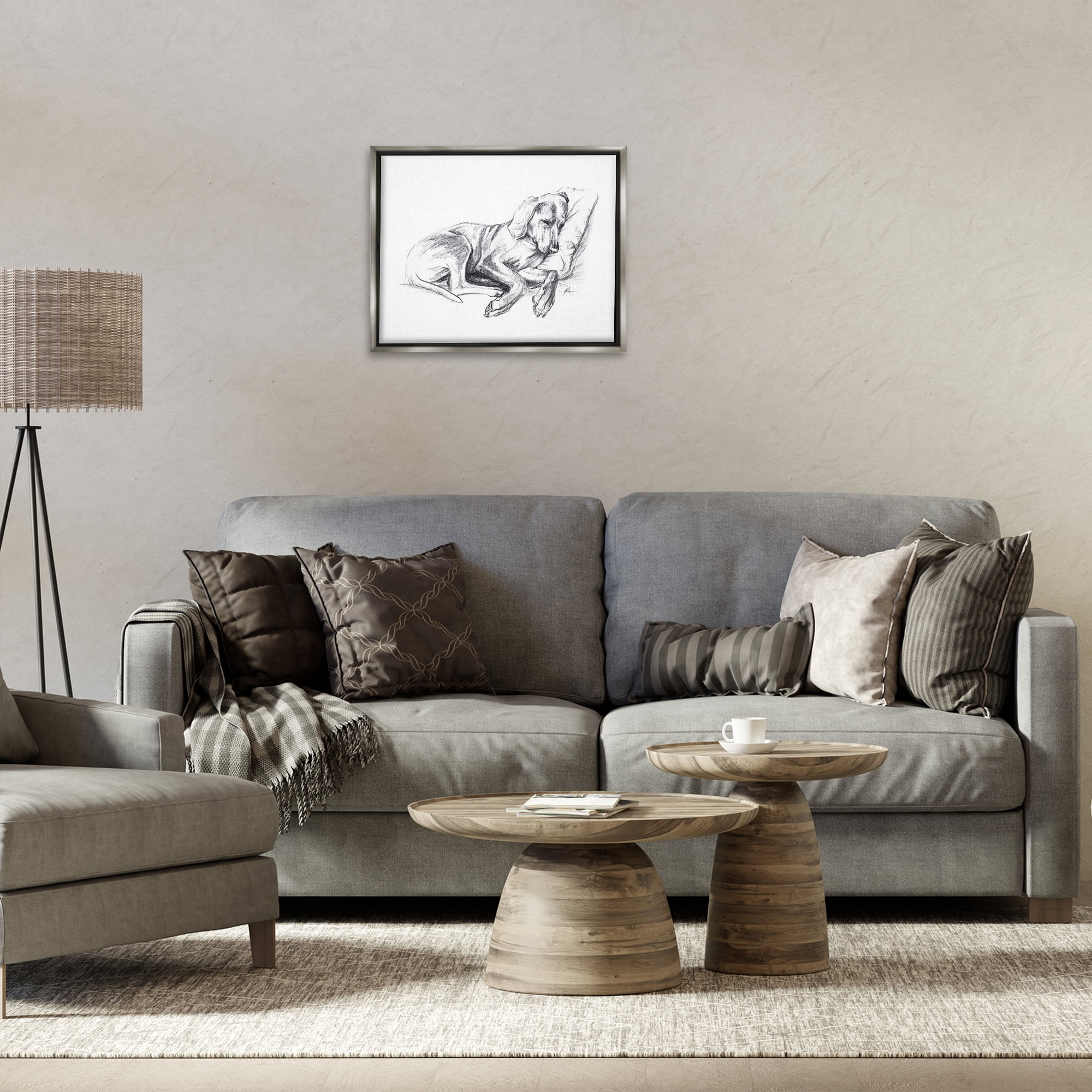 Stupell Industries Napping Dog Drawing Animals Drawing Gray Floater Framed Canvas Art Print Wall Art, 21 x 17