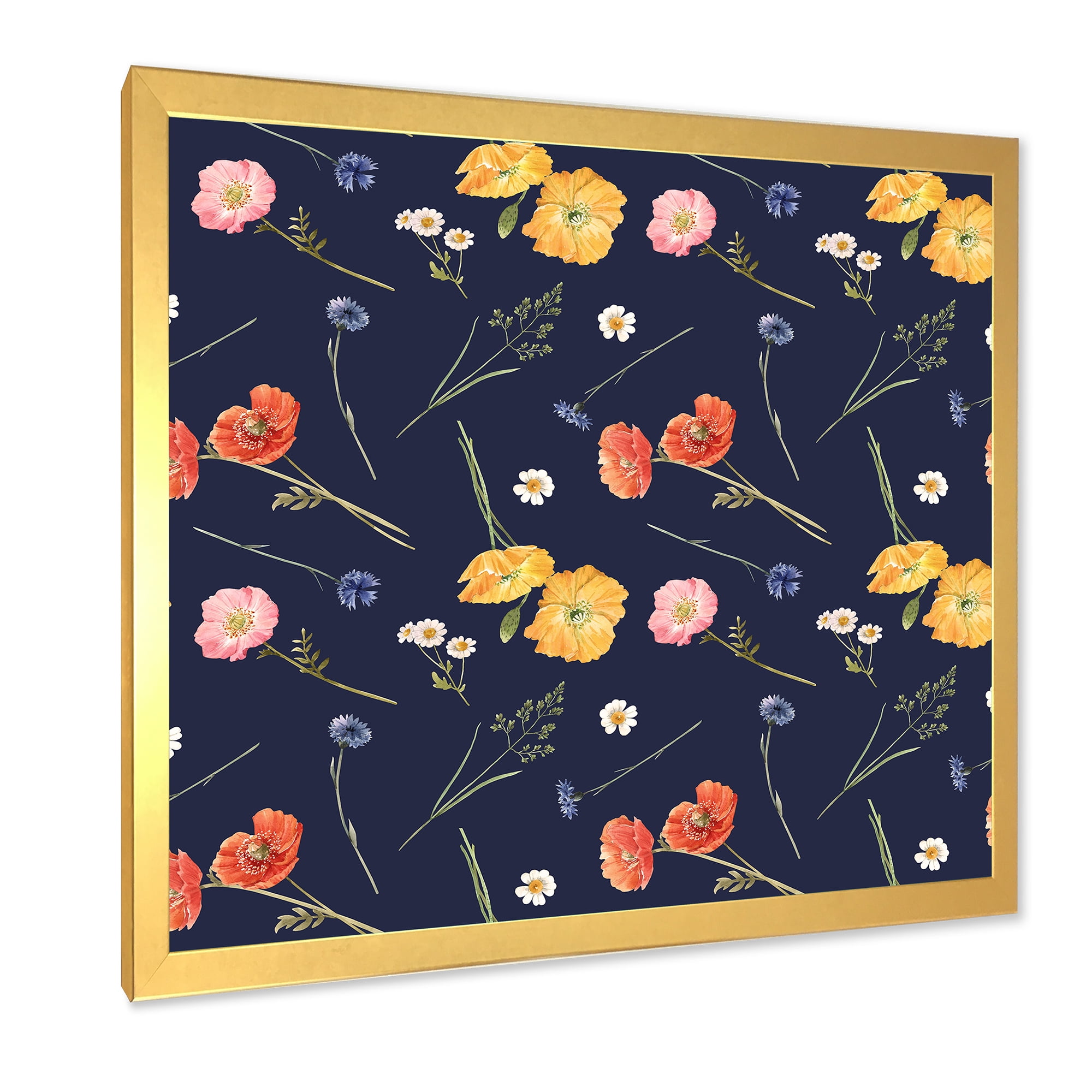 Designart 'Yellow and Orange Wild Flowers On Dark Blue' Traditional Framed Art Print