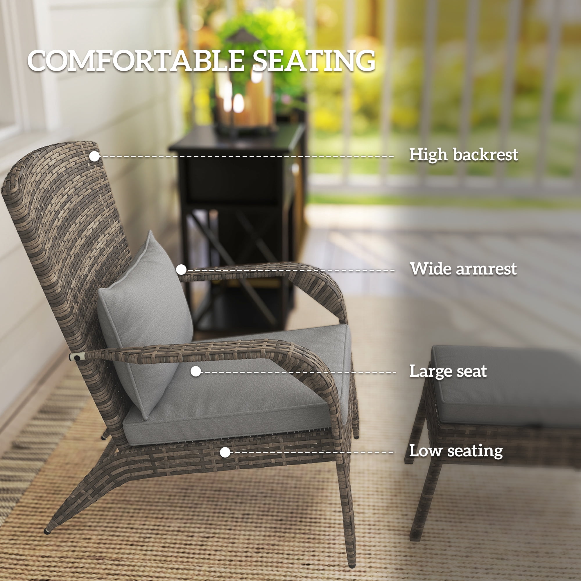 Patio Wicker Adirondack Chair with Ottoman, Outdoor Fire Pit Chair with Cushions, High-Back, Large Seat & Armrests for Deck, Garden & Backyard, Gray