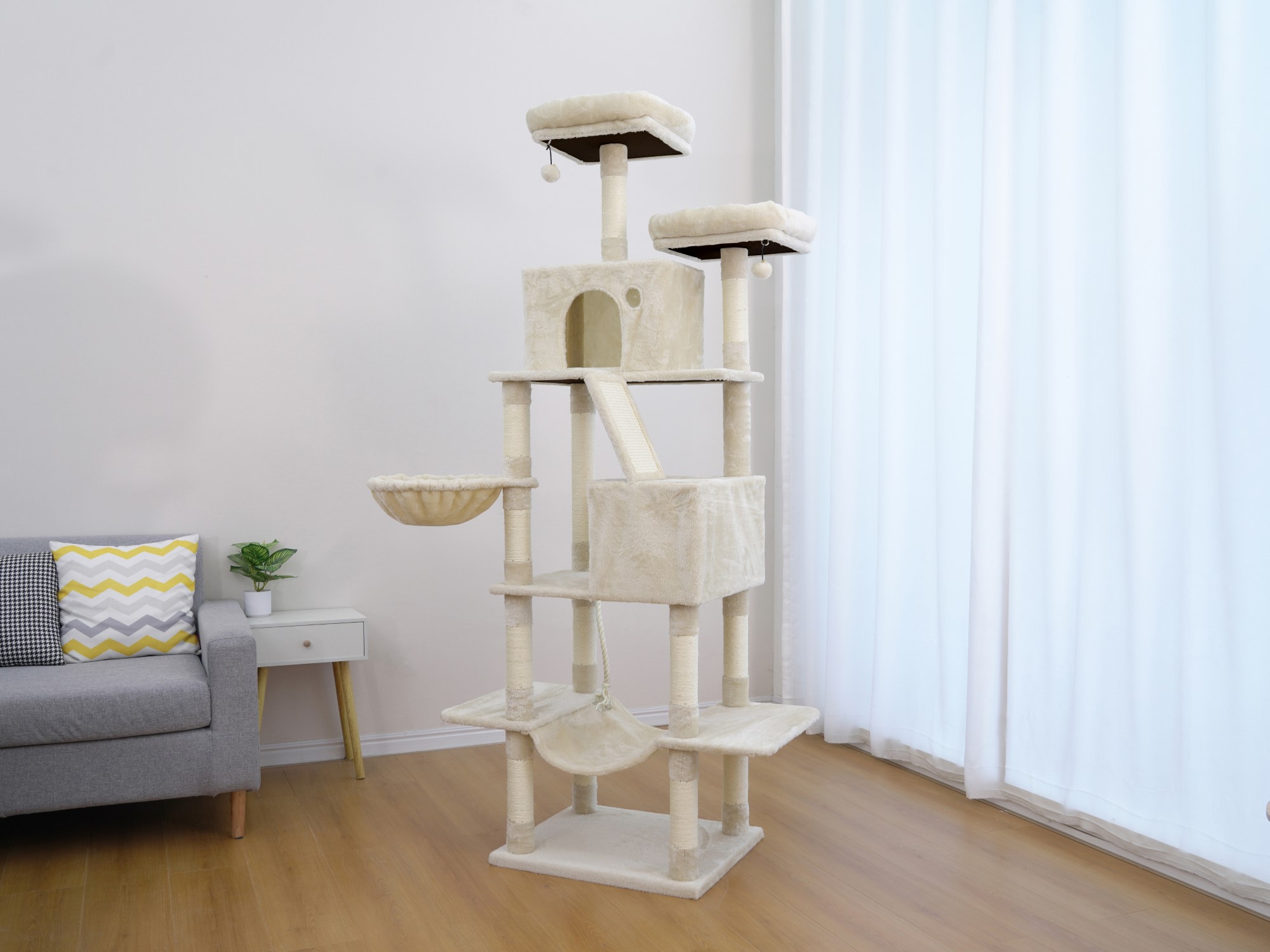 Vibrant Life Heavy Duty 7-Level 81" Cat Tree with Two Condos and Hammock, Beige