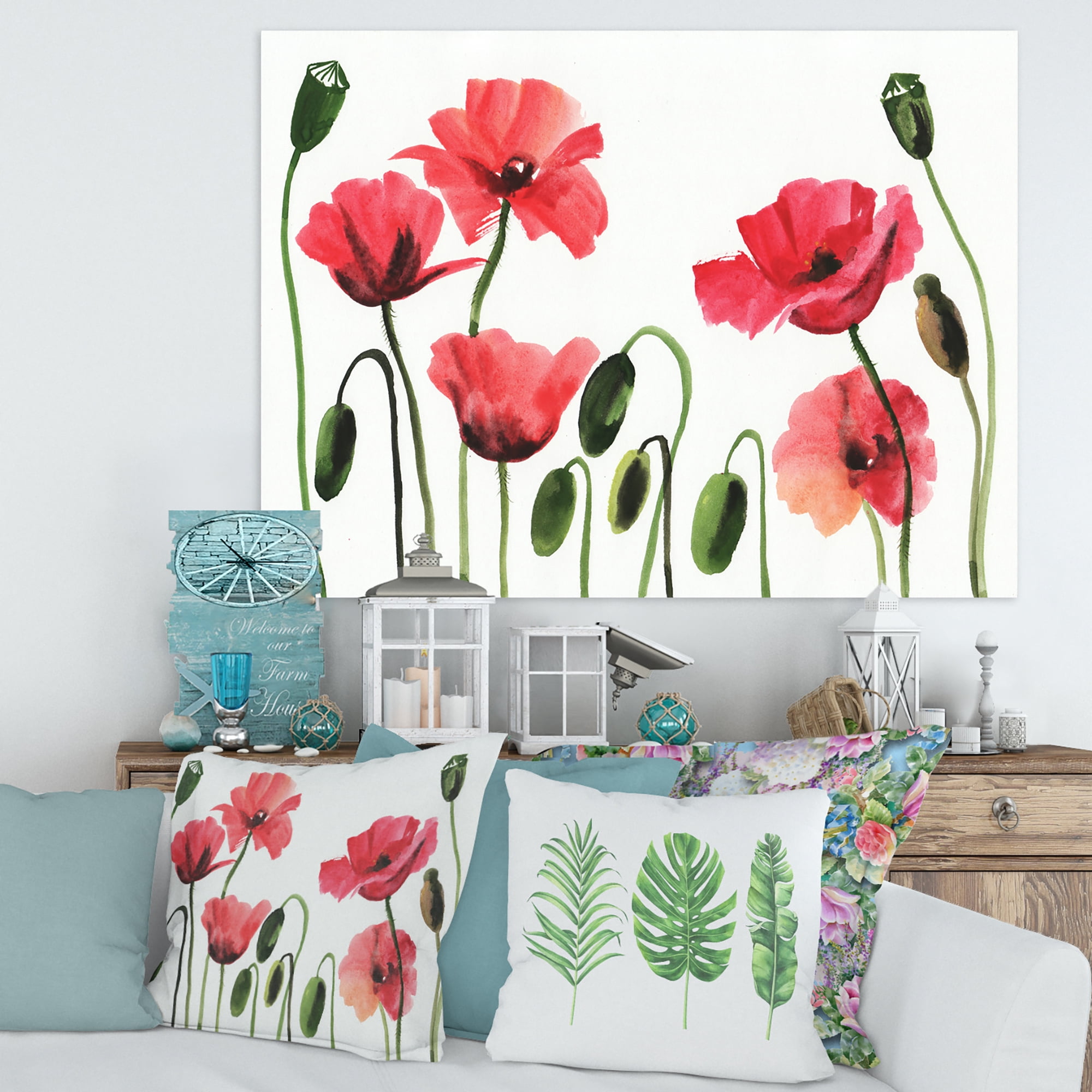 Designart ' Ancient Red Blooming Poppies ' Traditional Canvas Wall Art Print