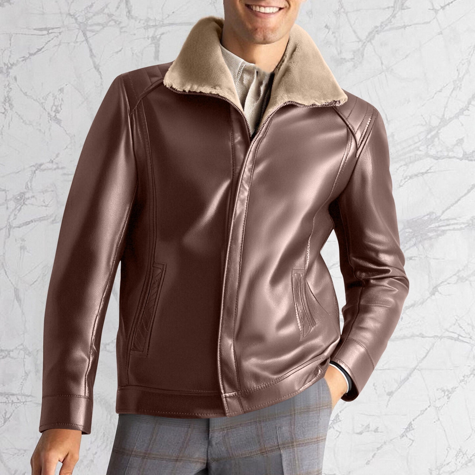 LWITHSZG Faux Leather Jacket Men Motorcycle Trendy Winter Coats Long Sleeve Going Out Tops Thickened Warm Fleece Lined Casual Outerwear with Pockets