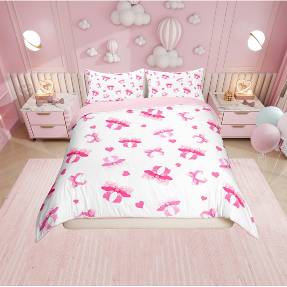 Erosebridal Cute Bow Tie Comforter Cover Twin,Bowknot Love Heart Bedding Twin Size,Cartoon Kawaii Duvet Cover Twin,Super Cozy Bow Bedroom Decoration,Reversible,2-Piece(No Comforter)