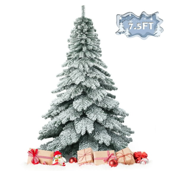 Topbuy 7.5FT Snow Flocked Artificial Christmas Tree Hinged Alaskan Pine Decoration Tree