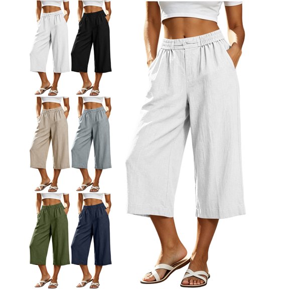 Pants for Women with Pockets 100% Cotton Middle Waist Loose Straight Cropped Pants