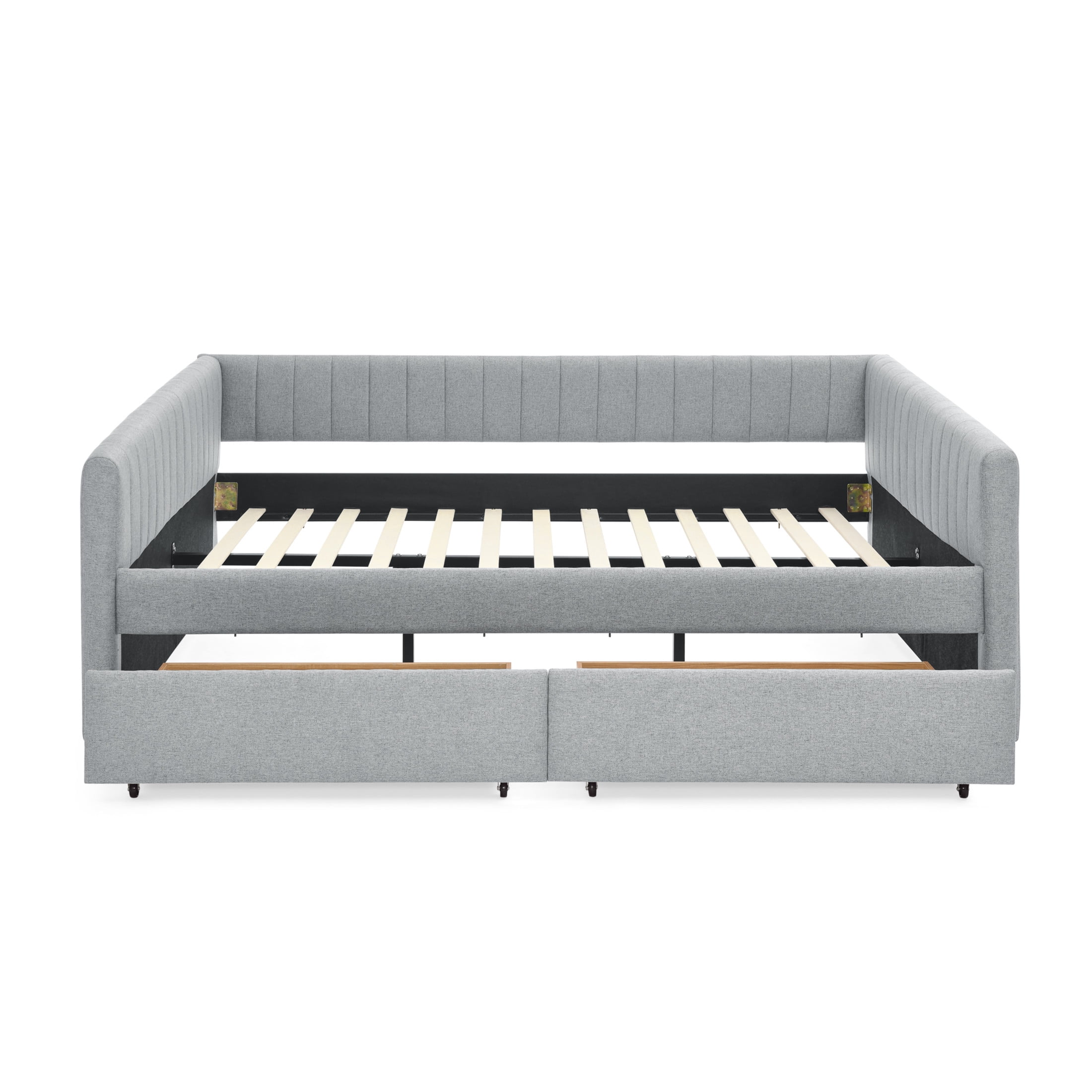Noble House Denita Queen Size Daybed, Vertical Striped Linen Upholstered Sofa Bed with Storage Drawers, Grey