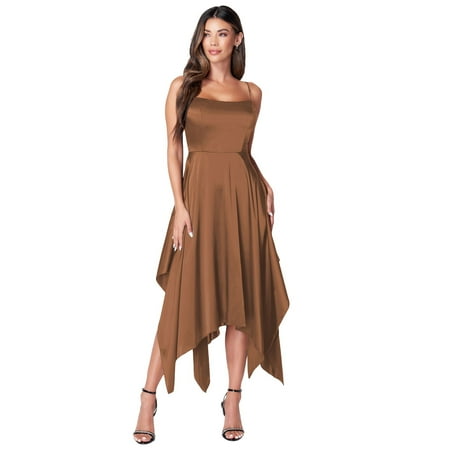Women's bebe Satin Shark Bite Hem Bow Back Dress Color: Bronze Size: LARGE