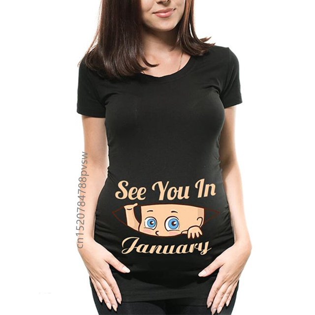 Camiseta divertida para mujer embarazada, anuncio de maternidad, ropa nueva para mamá, enero-diciembre