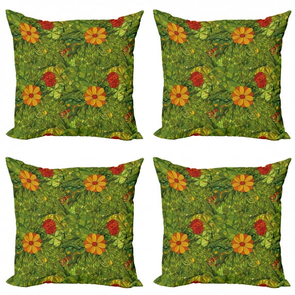 Ambesonne Floral Throw Pillow Cover 4 Pack, Fractal Retro Jungle Art, 20", Olive Green Vermilion