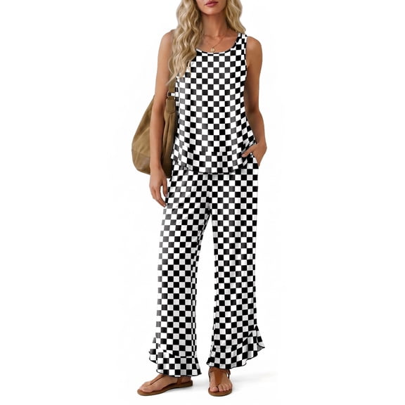 Anygrew Women's 2 Piece Lounge Sets Sleeveless Ruffle Hem Top with Wide Leg Pants Pockets Casual Sweatsuit Outfits