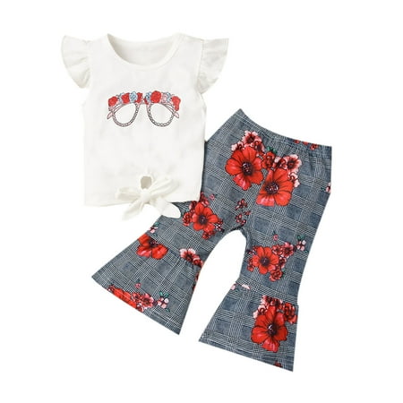

Kids Suit Set Girls Flower Print Sleeve T-Shirt+ Flared Trousers for Summer Fall