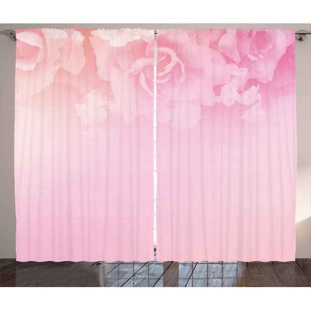 Light Pink Curtains 2 Panels Set, Rose Petals in Soft Pastel Tones Romantic Bridal Floral